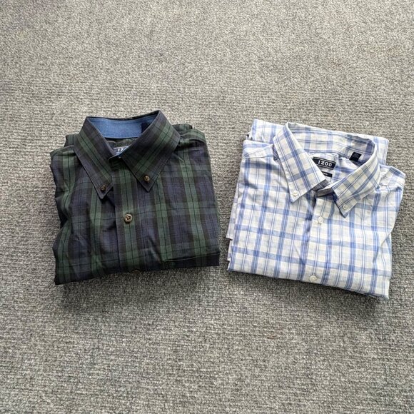 Izod Shirts Mens Large Regular Fit Button-Up ‎ Set Of 2 Blue Paid Tartan Preppy - Picture 1 of 16